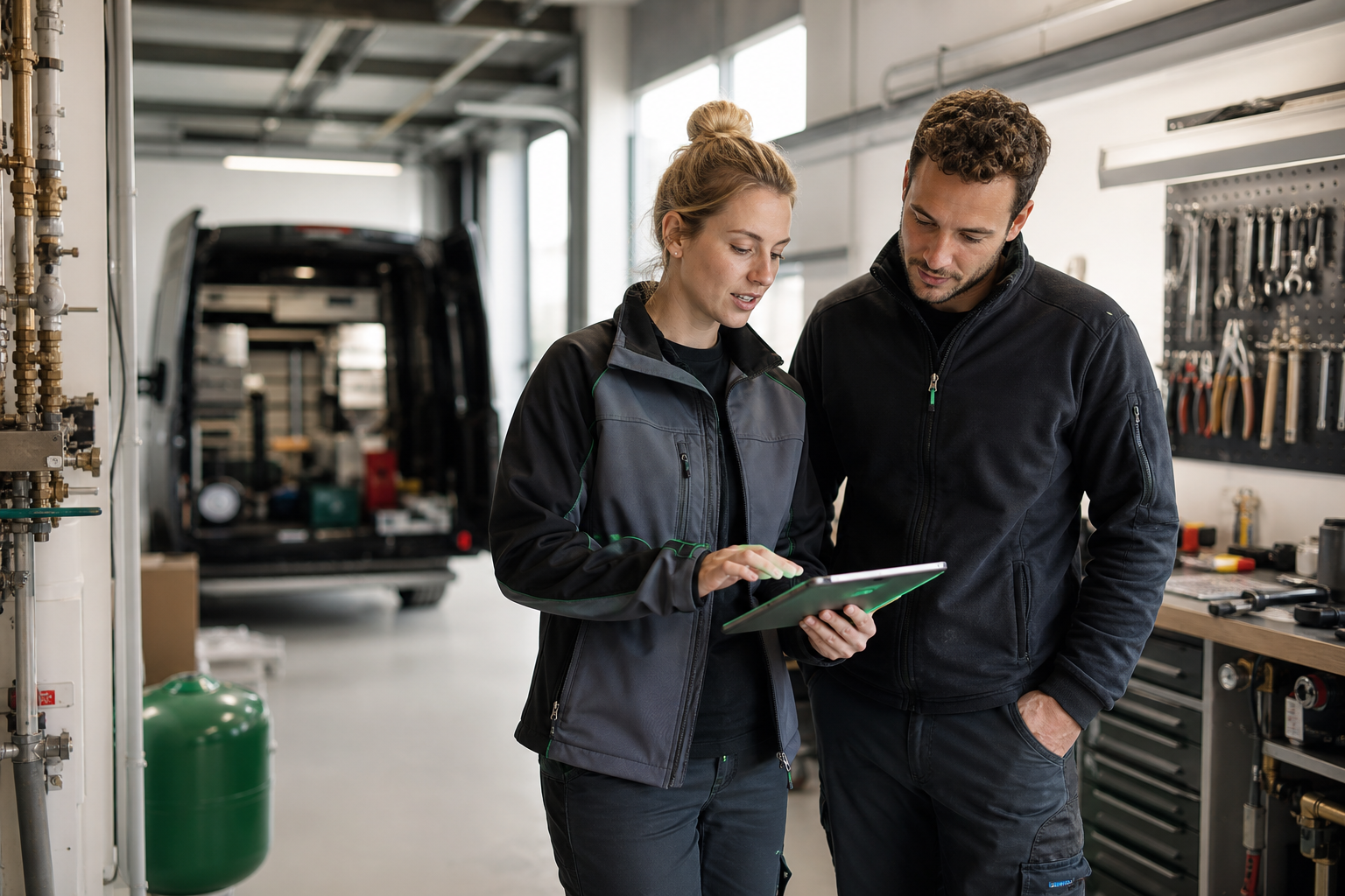 Zwei Handwerker planen gemeinsam einen Einsatz mit PlanOX auf einem Tablet